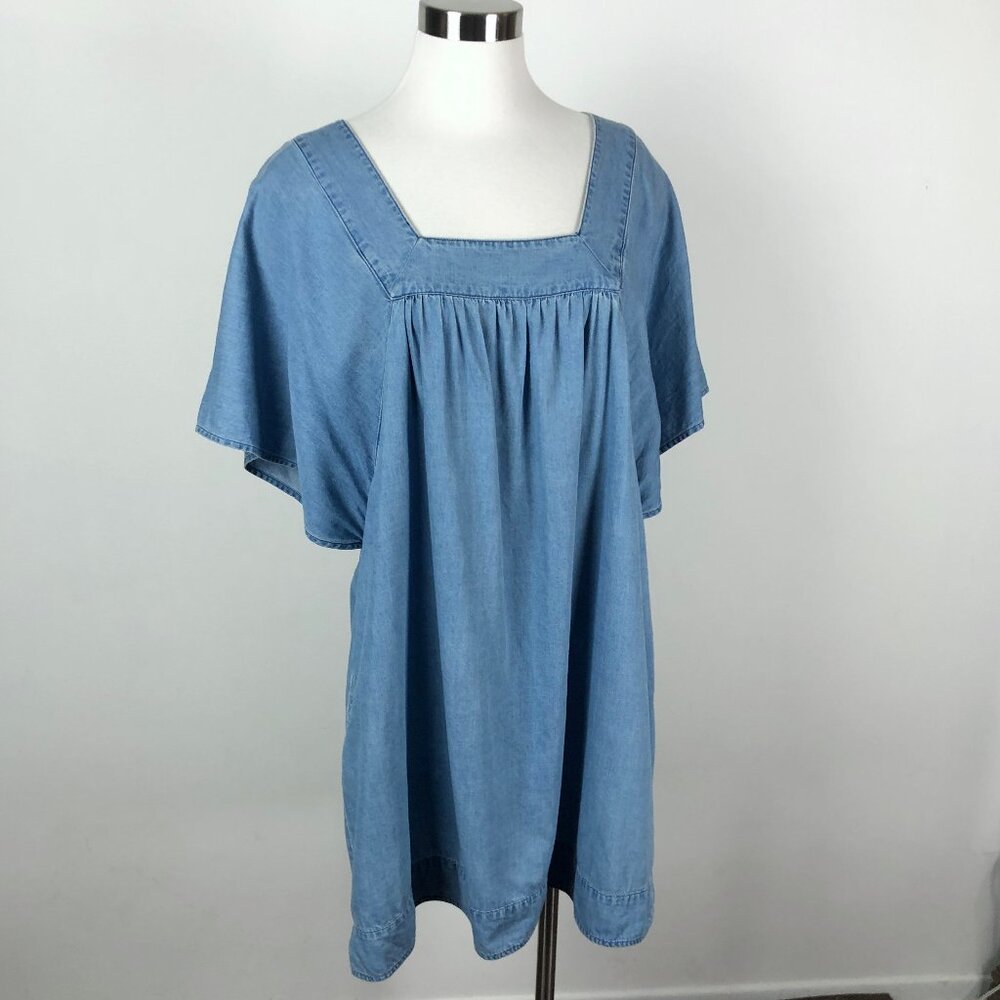 Xirena Light Wash Chambray Butterfly Kimono Sleeve Square Neck Dress L Pockets